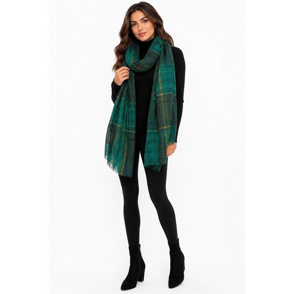 Talbots Wrap Scarf Green Plaid Fringe Silk Wool Preppy Traditional Classic